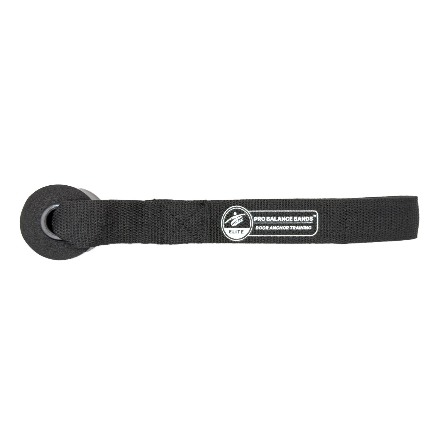 Black door anchor with a label on a white background