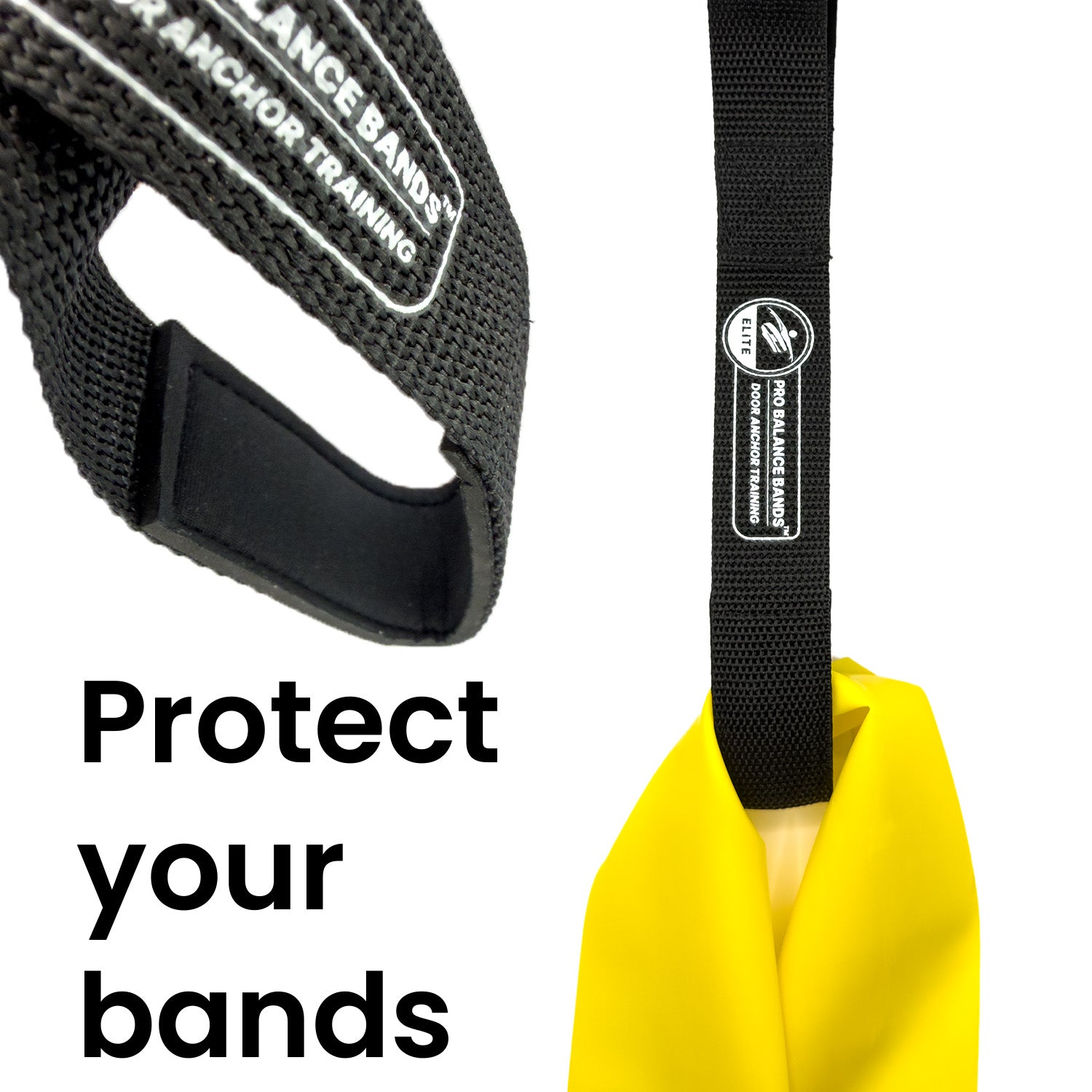 Black resistance band anchor with text 'Protect your bands' on a white background