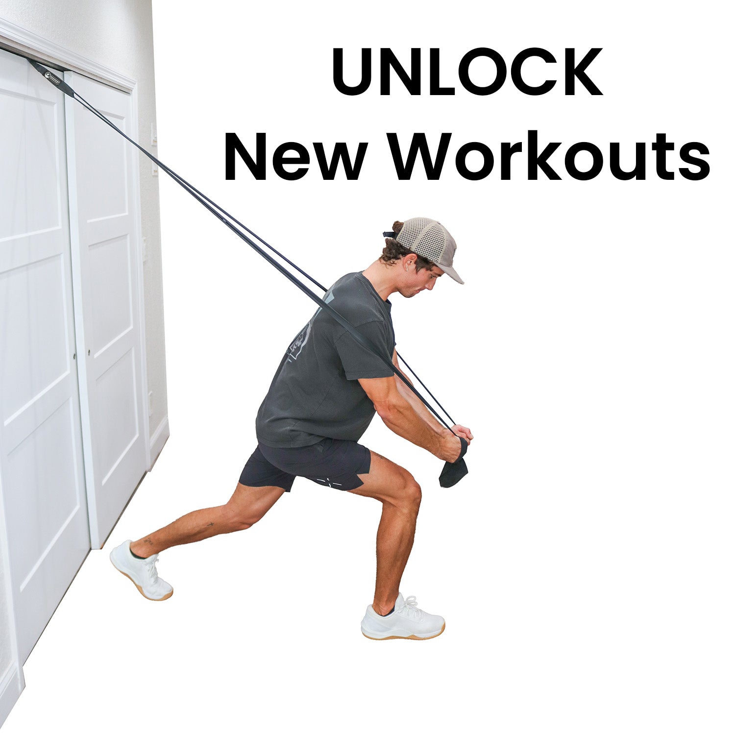 Person exercising with resistance bands against a white door, with text 'Unlock New Workouts' above.