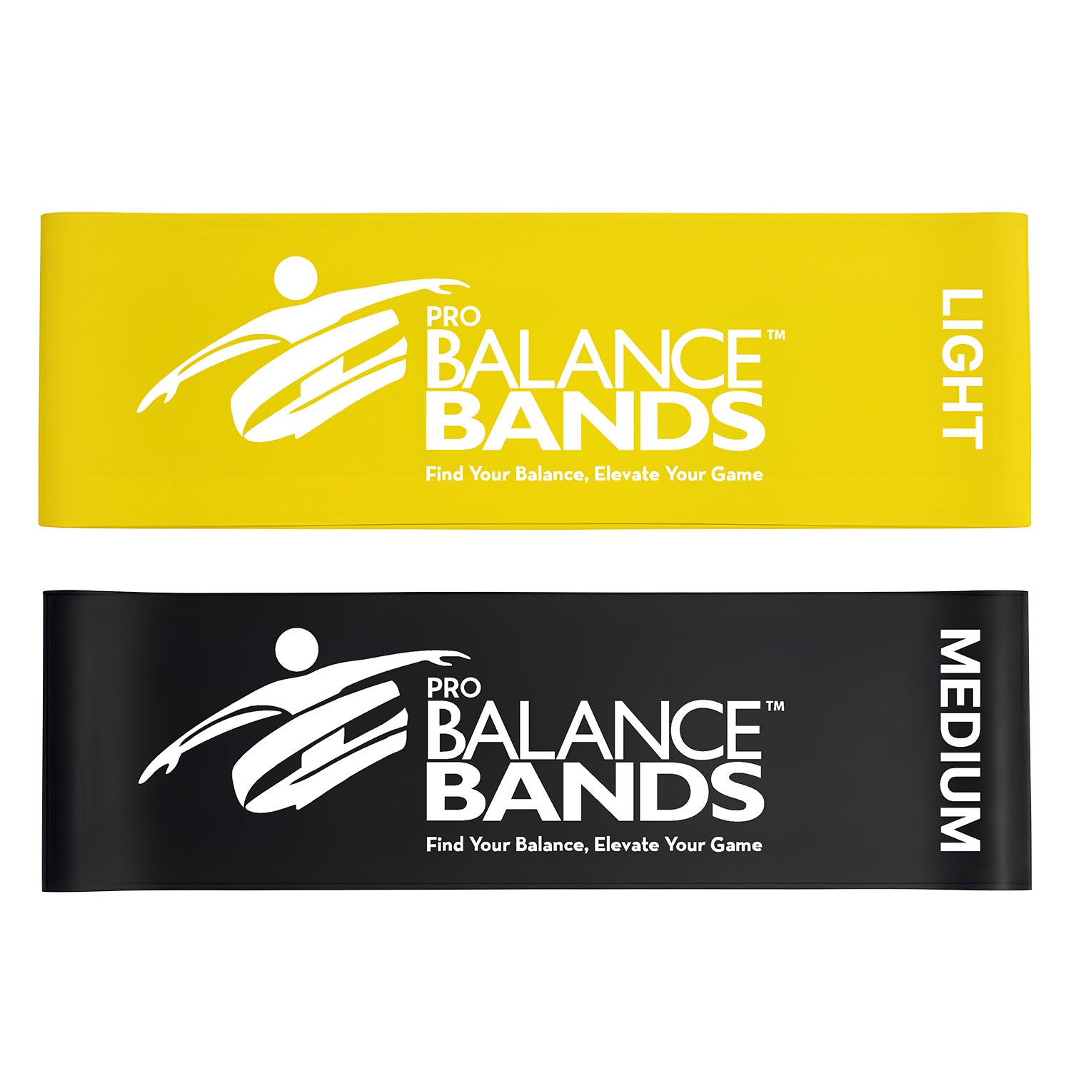 Two Pro Balance Bands, one yellow and one black, with branding on a white background.