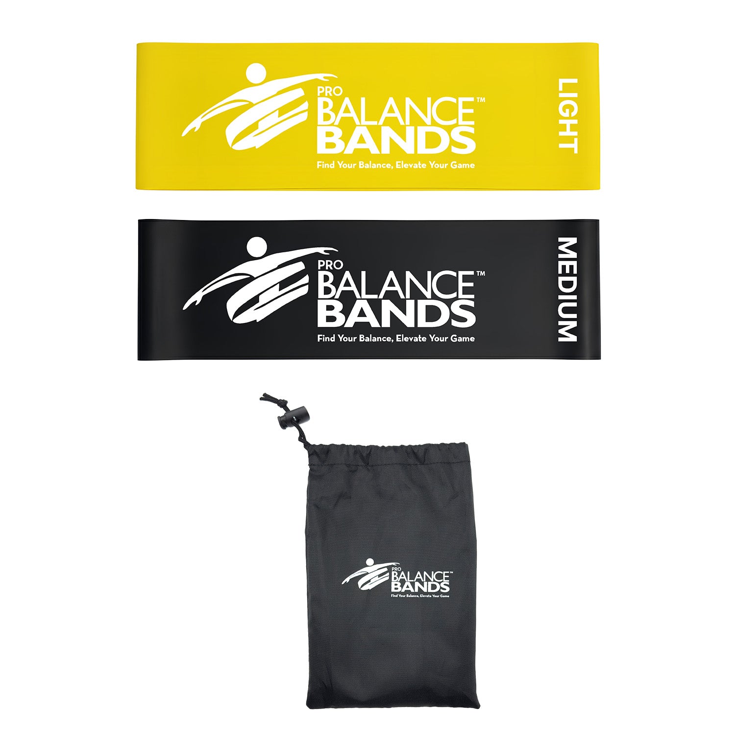 Two Pro Balance Bands packaging with a black drawstring bag on a white background.