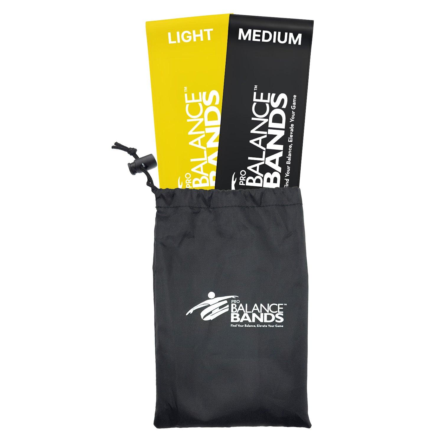 Balance Bands packaging with a black drawstring bag and yellow label on a white background
