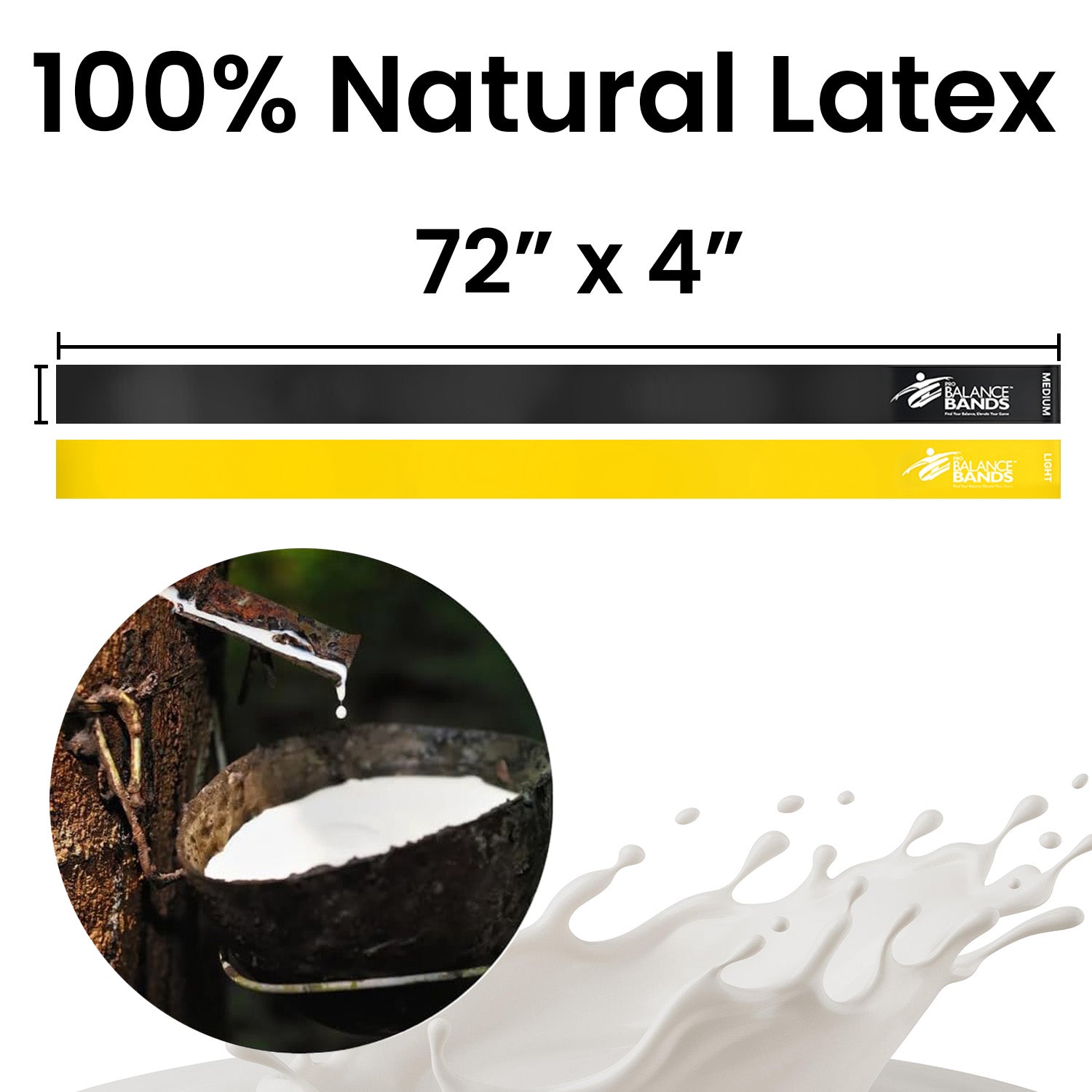 Balance Bands 100% natural latex band with dimensions and brand logo on a white background.