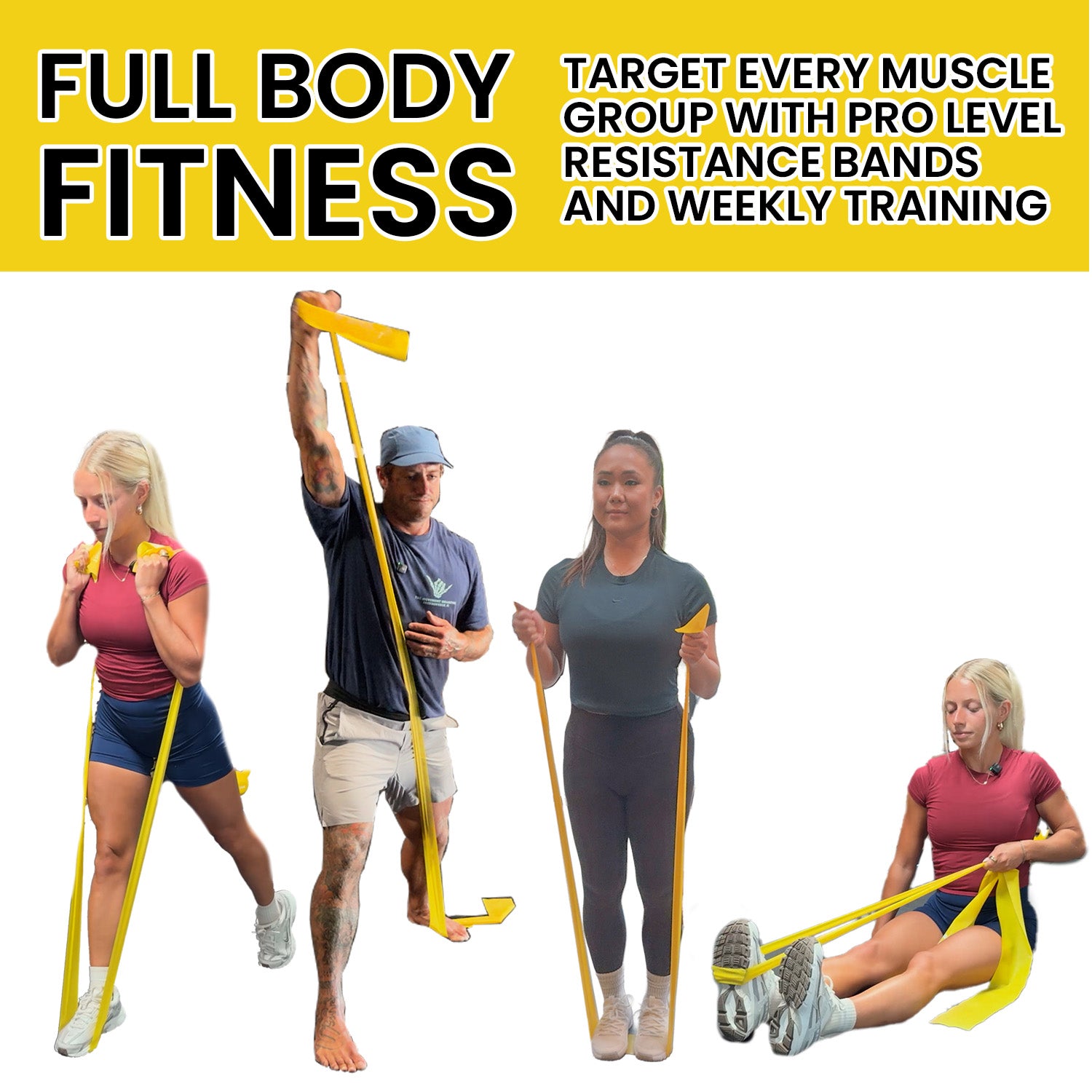People using resistance bands for full body fitness with text on a yellow and white background
