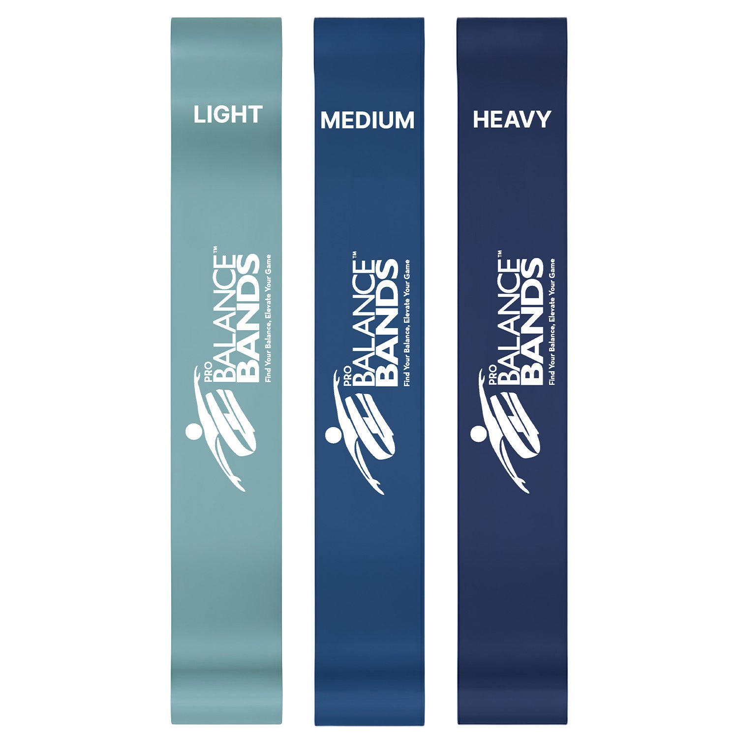 Three resistance bands labeled 'Light', 'Medium', and 'Heavy' with 'Balance Bands' branding.