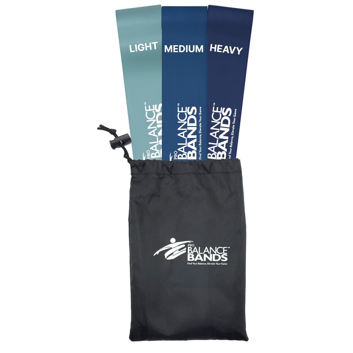 Balance Bands in light, medium, and heavy weight with a black drawstring bag on a white background.