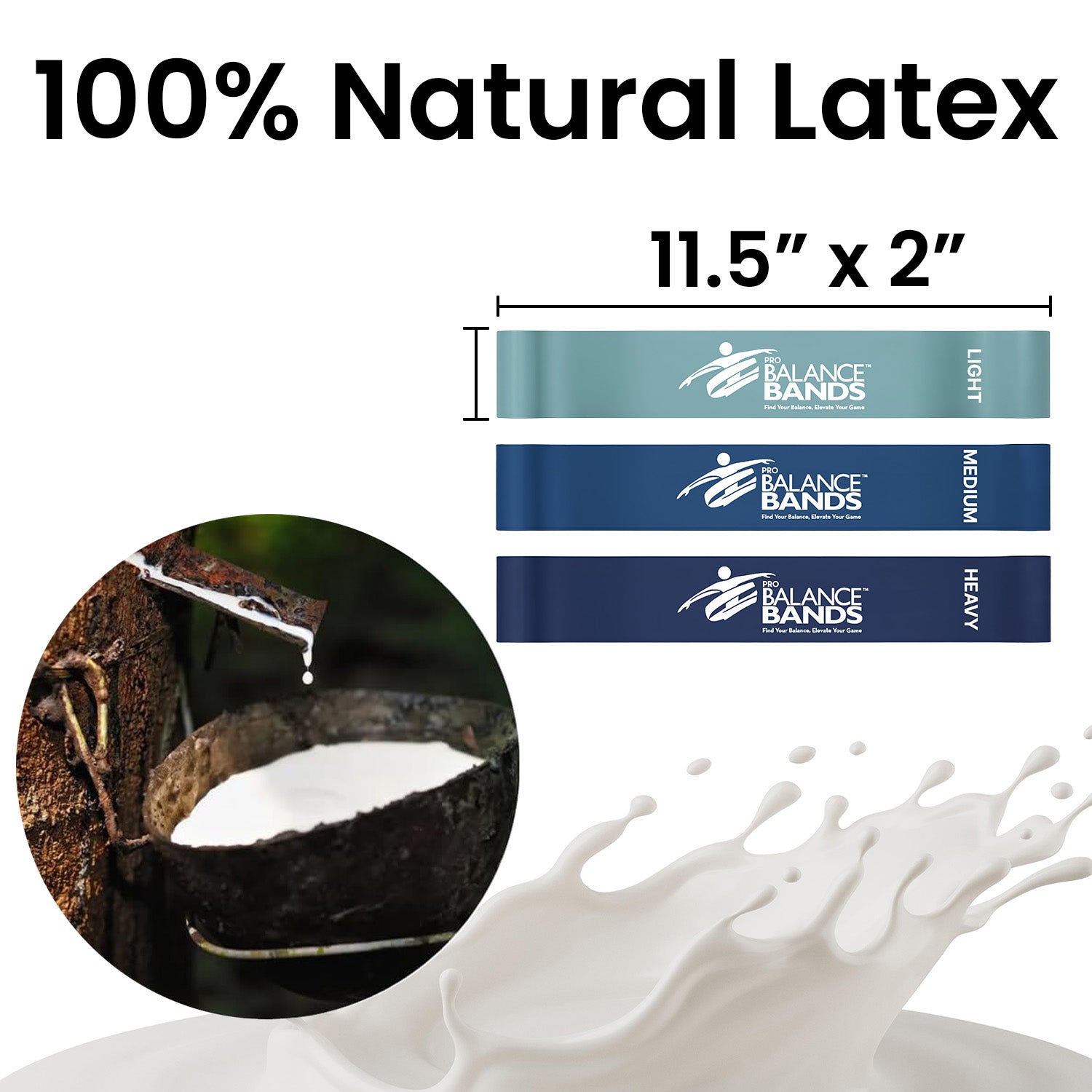 Balance Bands with '100% Natural Latex' text and dimensions, alongside a close-up of latex being extracted from a rubber tree.