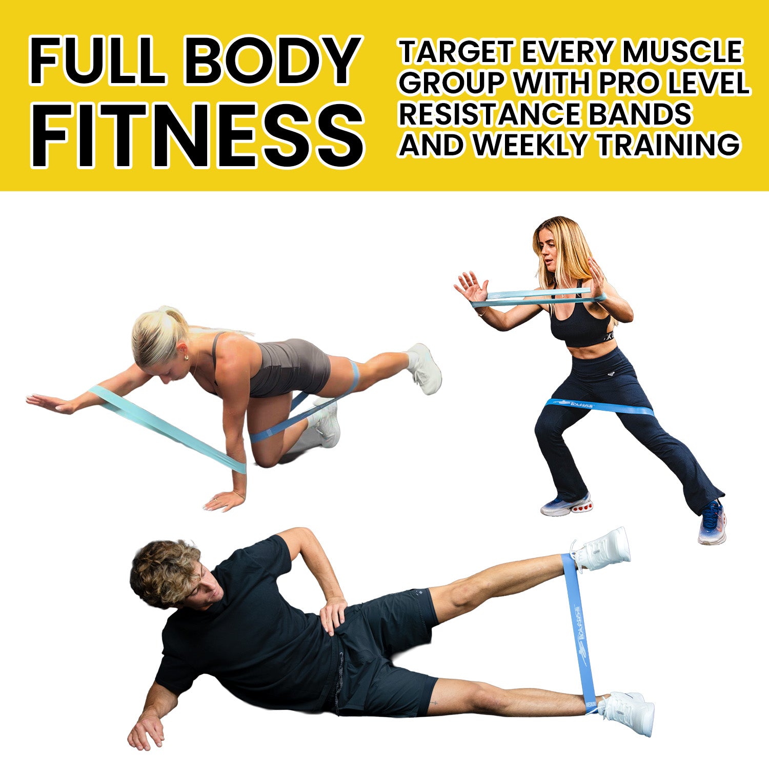 Three people exercising with resistance bands against a yellow background with text about full body fitness.