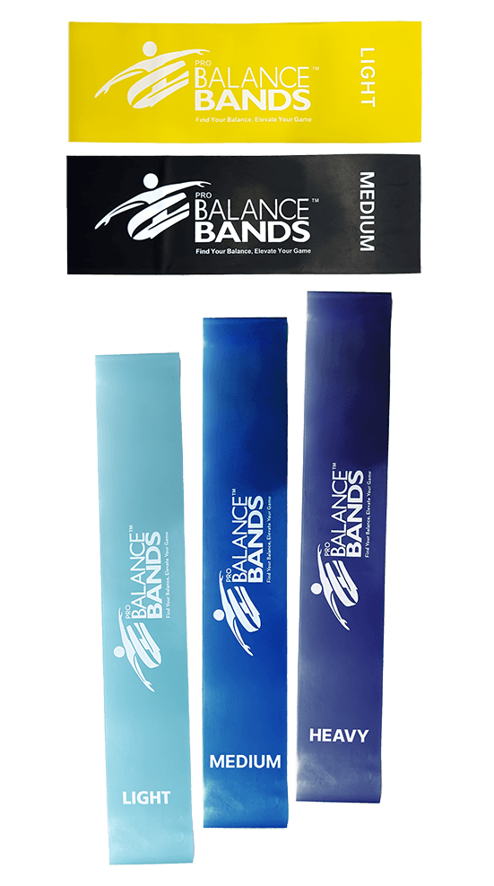All 5 Pro Balance Bands laid out with the 3 small blue ones in heavy, medium, and light resistance. Along with two large bands in Light and Medium Resistance. 