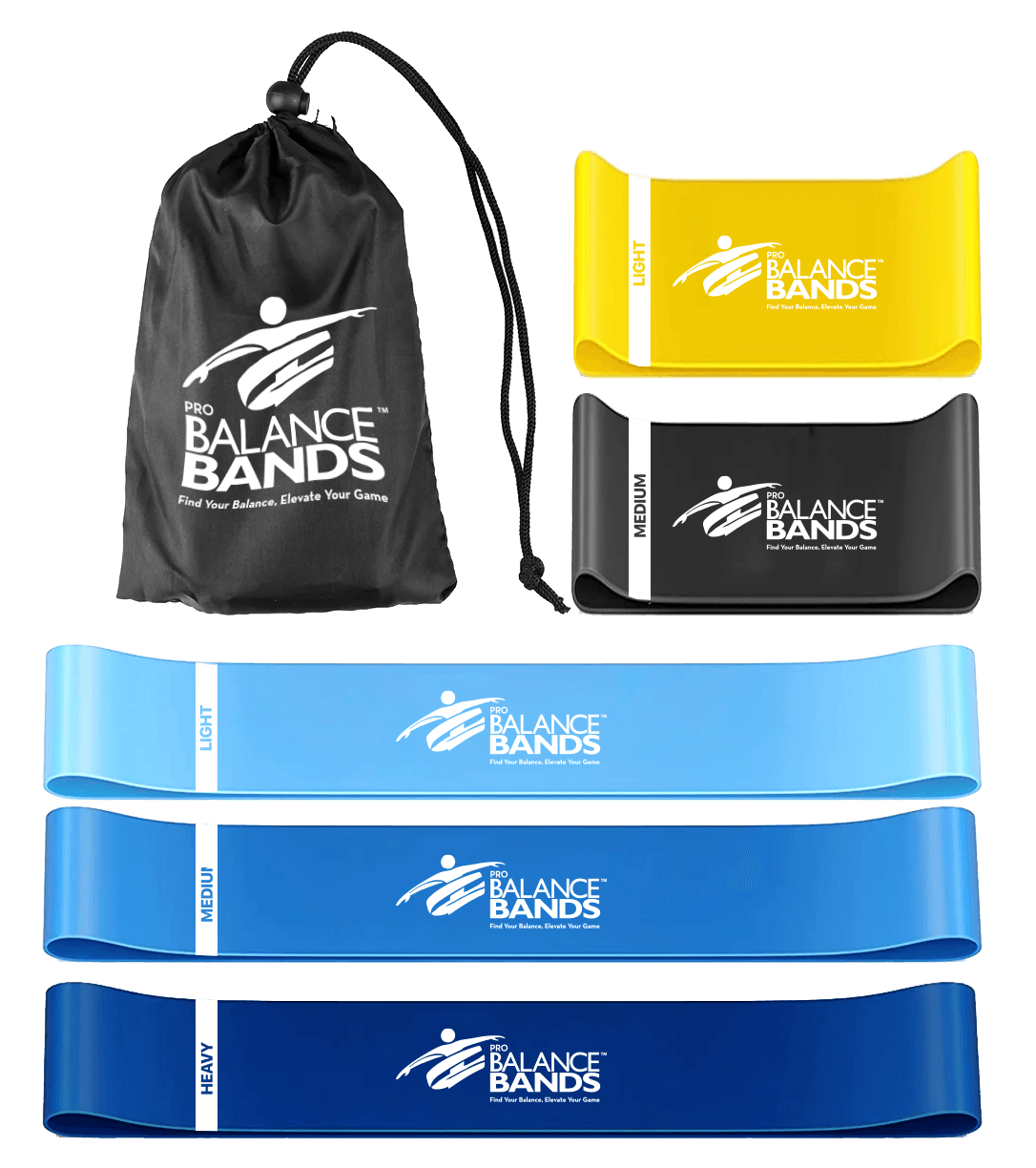 All 5 Pro Balance bands including three small bands in different shades of blue ranging from light, medium, and heavy resistance. Also two large bands with Light and medium resistance. Lastly a travel bag.