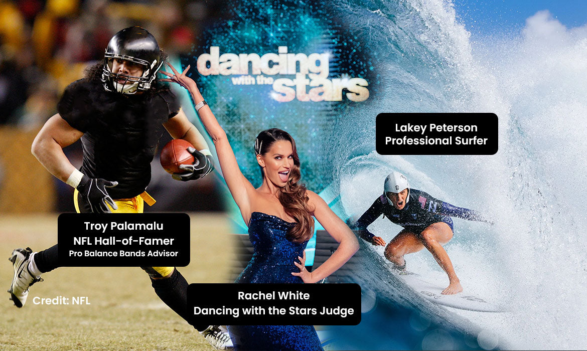 compliation image of celebrity endorsements for Pro Balance Bands including Troy Palamalu, Rachel White, and Lakey Peterson