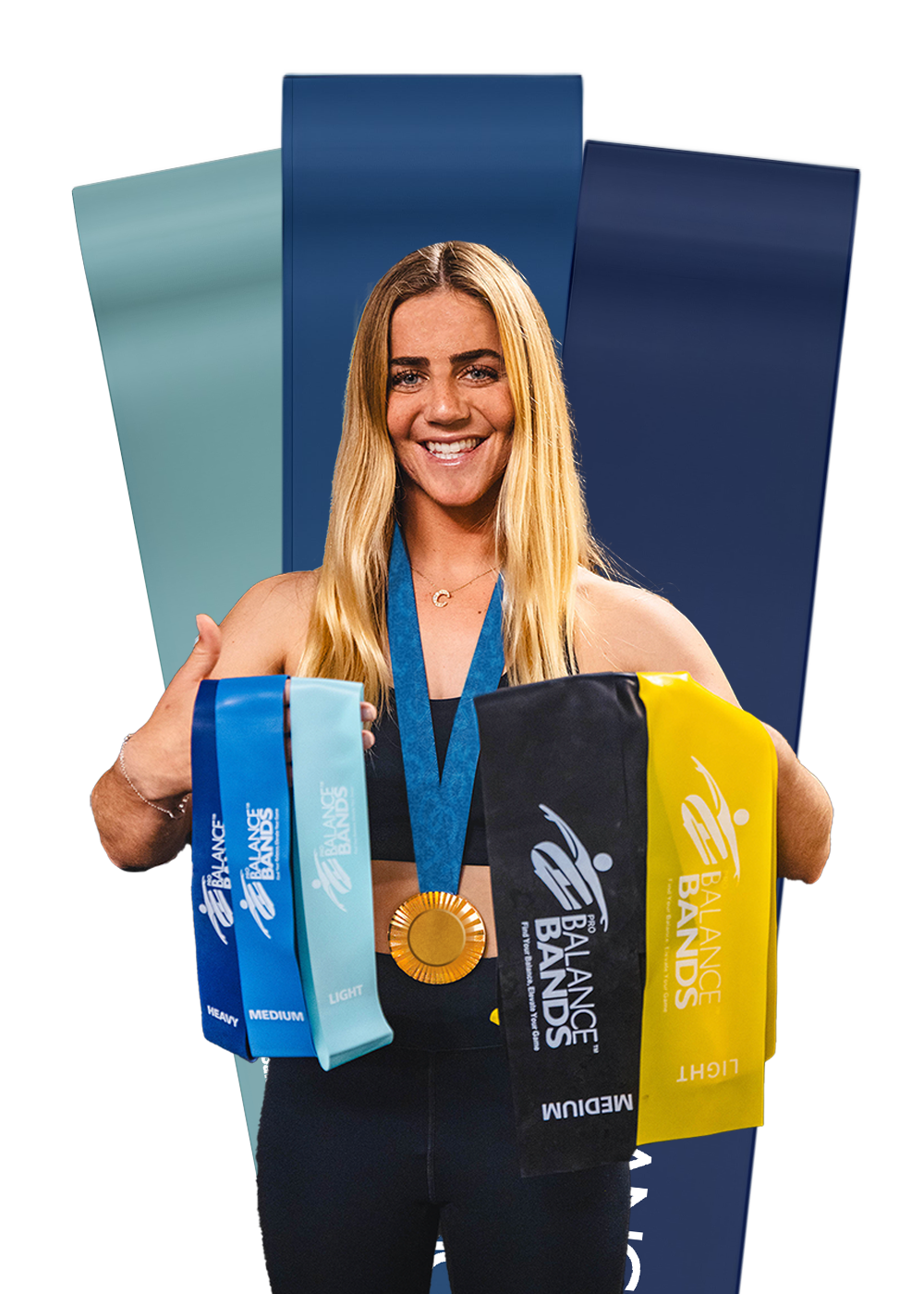 Caroline Marks in a black workout outfit, holding her Olympic 2024 Gold Medal of Surfing in her hand while looking at it.
